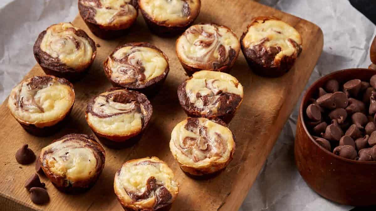 Bite-sized brownies with a cheesecake swirl.