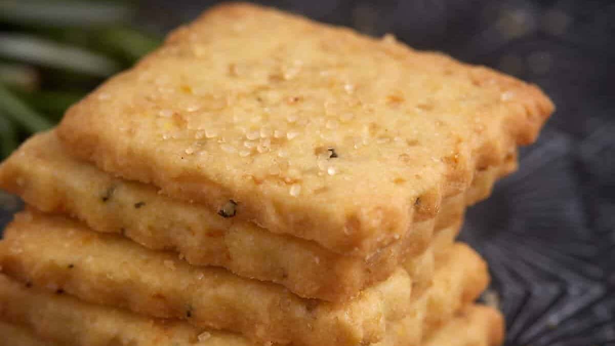 Stacked shortbread cookies on a serving tray.