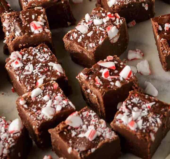 A round platter with a batch of holiday fudge.