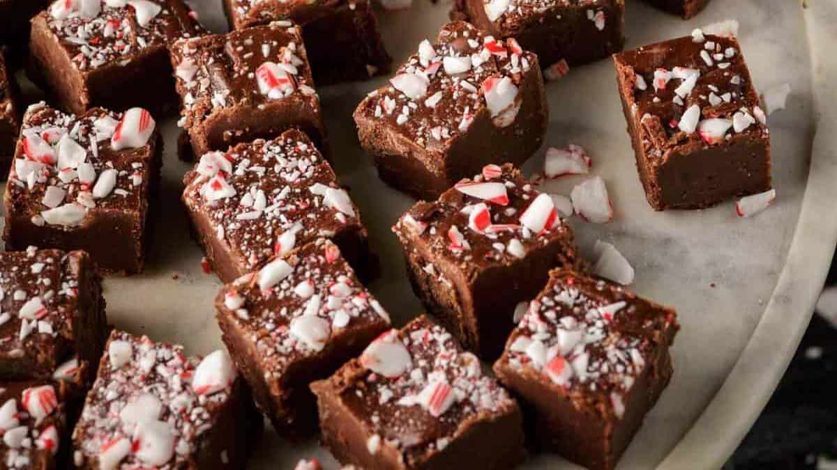 A round platter with a batch of holiday fudge.