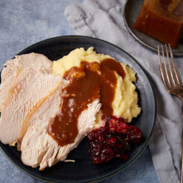 Sliced turkey covered in gravy.