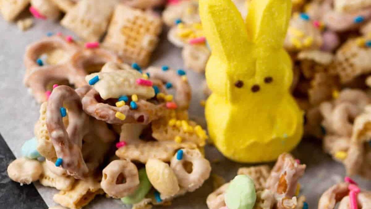 Chex mix with a yellow Peep.