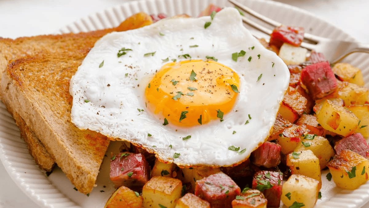 A plate of breakfast food with a sunny-side-up egg on toast, served alongside diced potatoes and chunks of corned beef hash, garnished with chopped herbs—a classic choice for sweet and savory breakfast ideas. A fork rests on the plate.