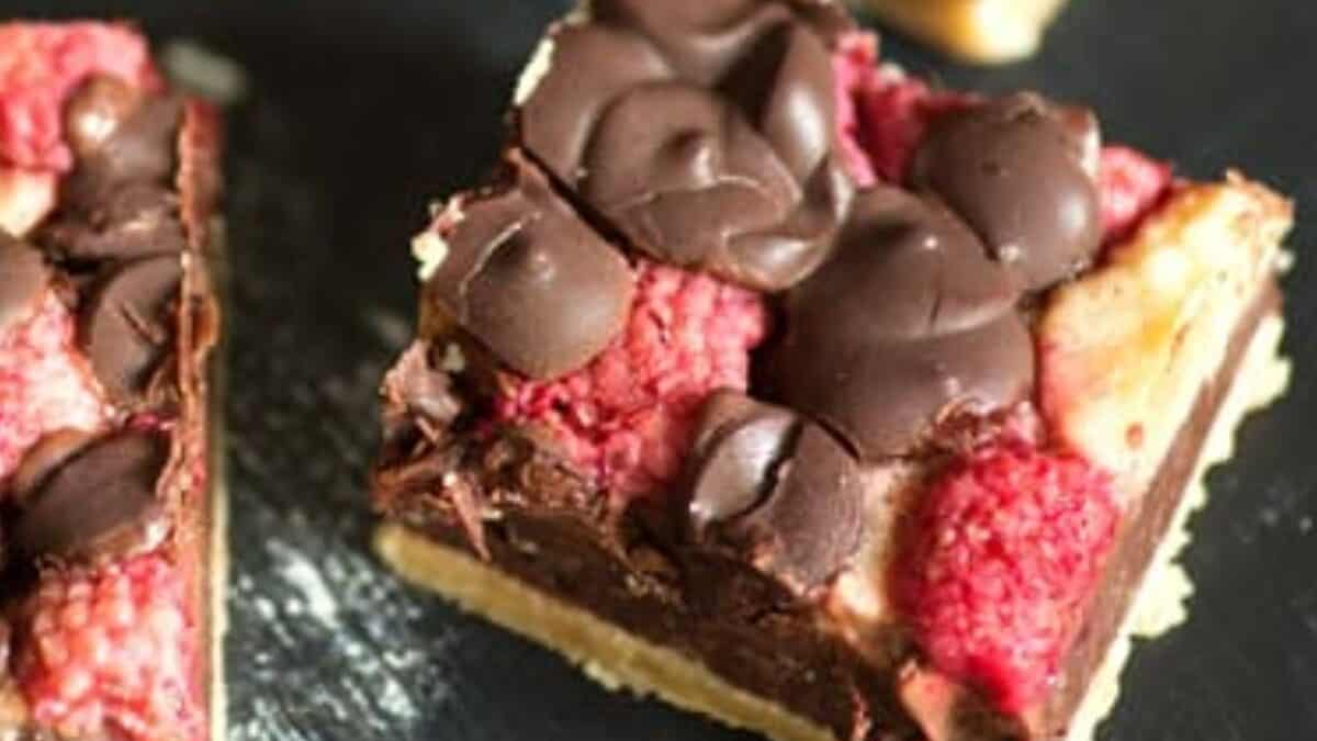 Dark Chocolate raspberry bars cut into squares.