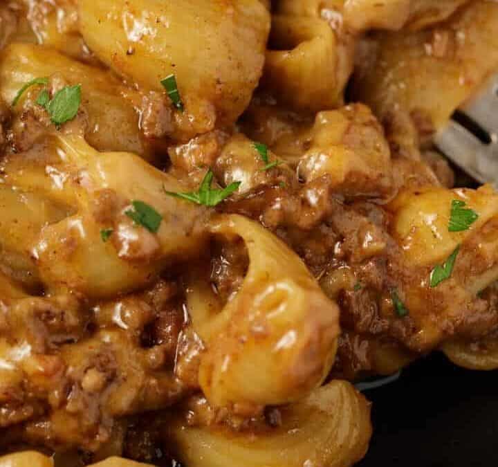 A fork full of homemade hamburger helper.