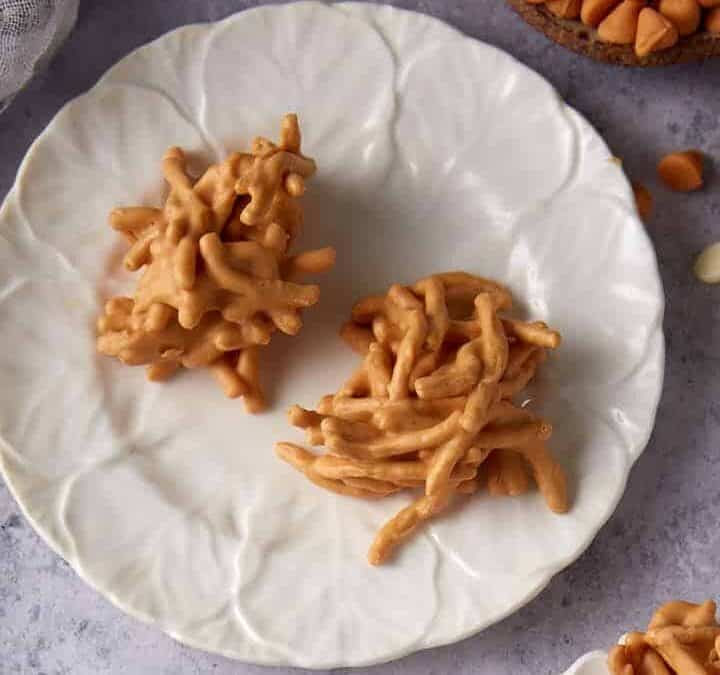 Three dessert plates with haystack cookies.