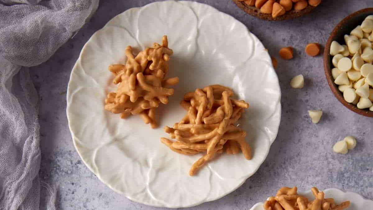 Three dessert plates with haystack cookies.