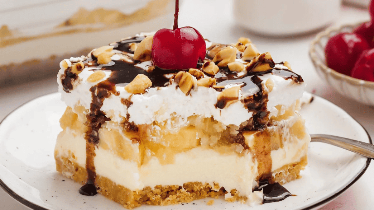 A slice of banana pudding on a plate