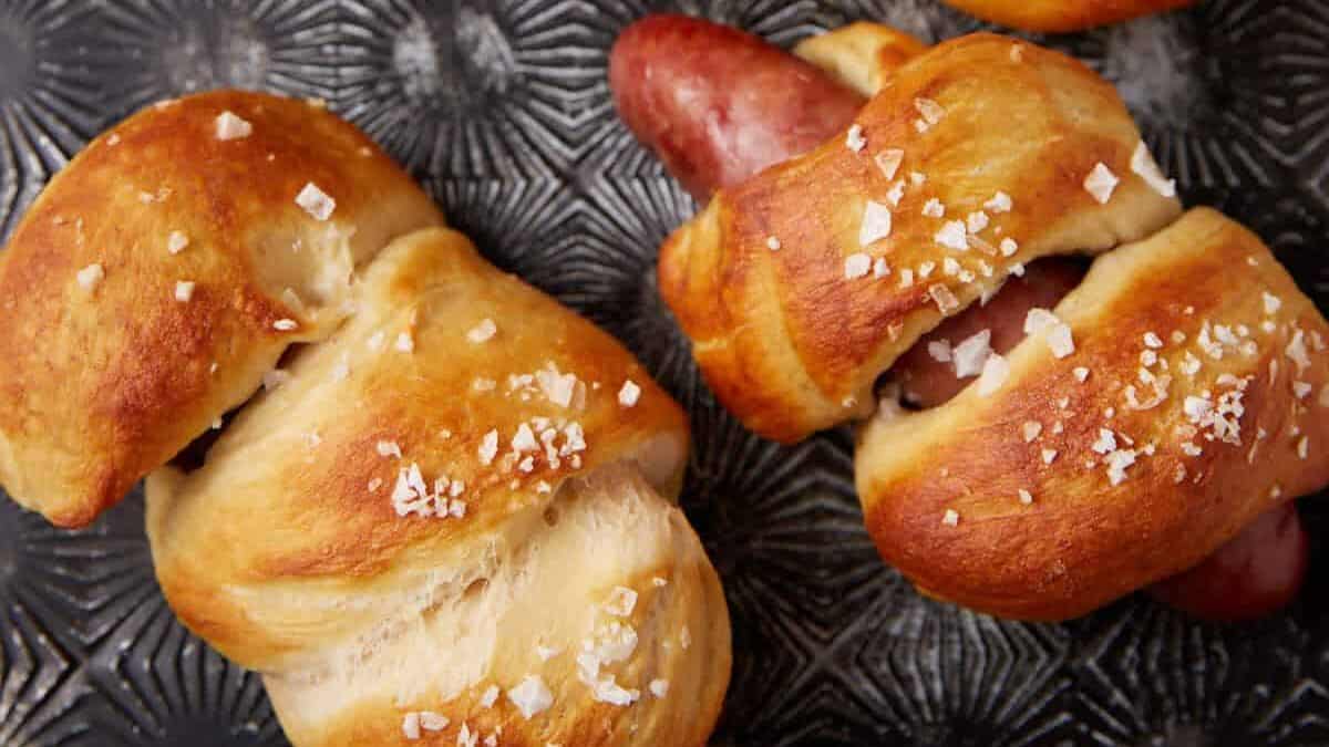 German bratwurst wrapped in pretzel dough.