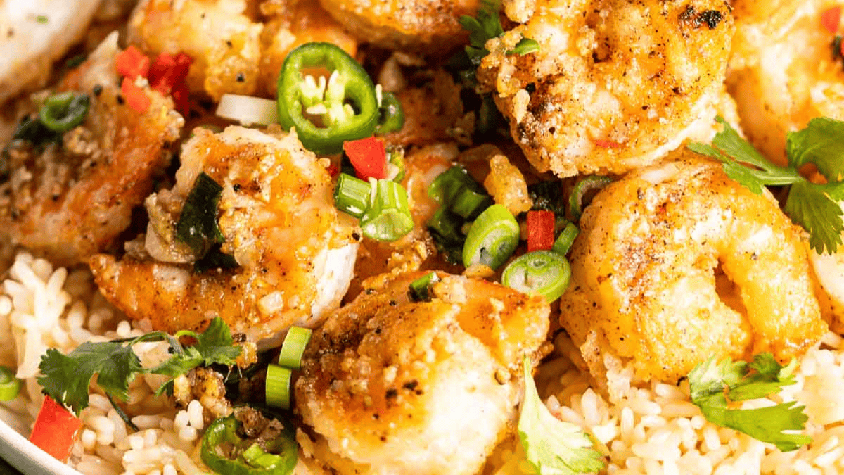 Salt and Pepper Shrimp with rice.