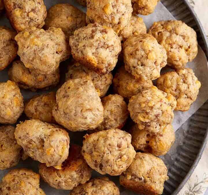Sausage balls piled on a platter.