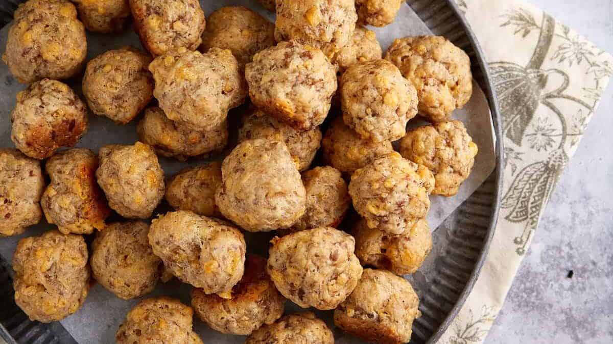 Sausage balls piled on a platter.