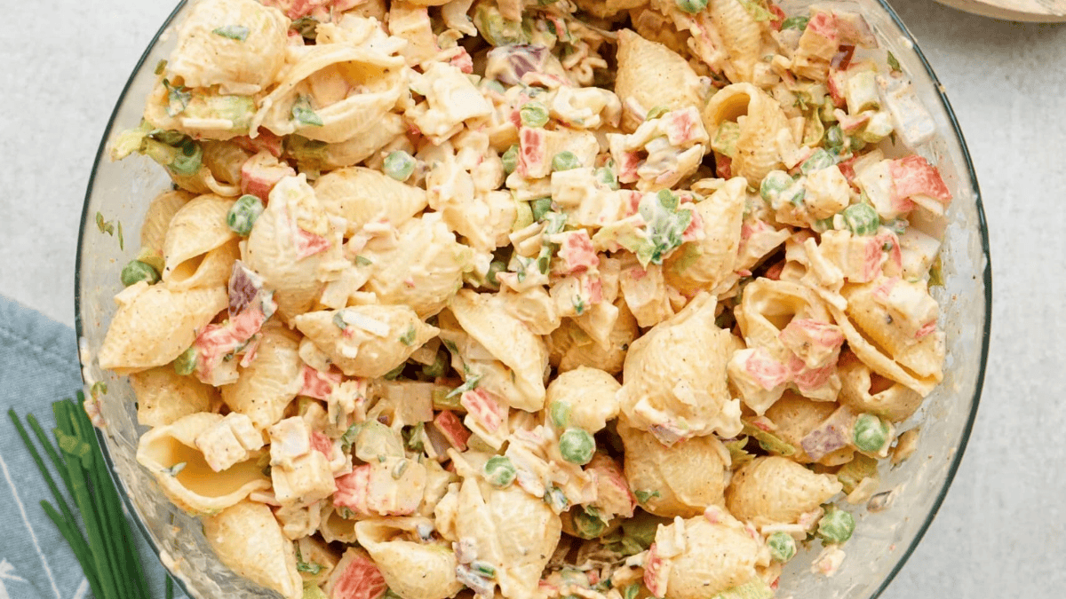 seafood pasta salad in a bowl.