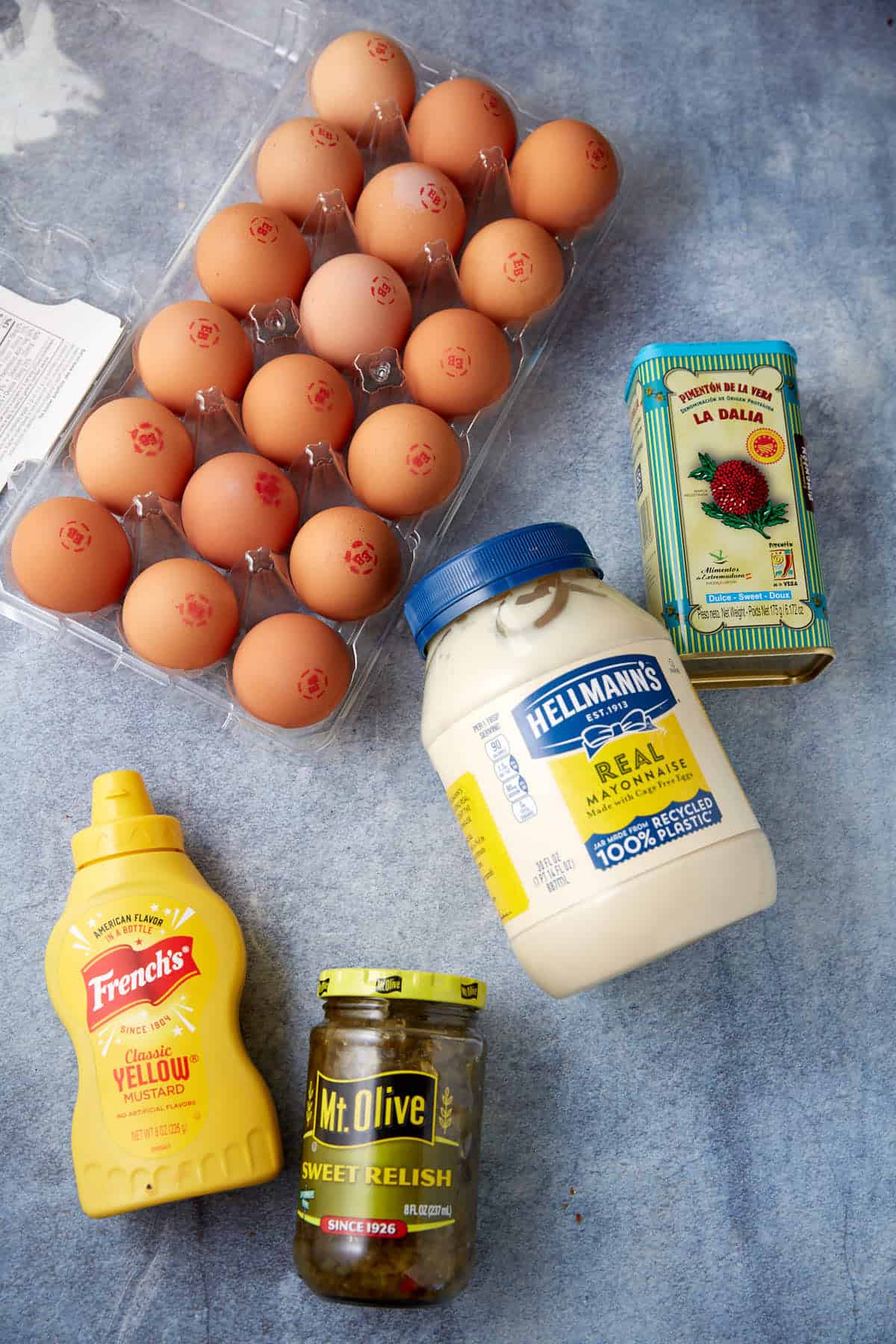 Ingredients for deviled eggs with relish.