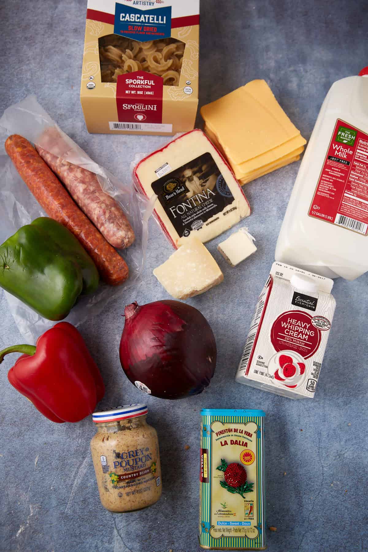 the ingredients for sausage mac and cheese.