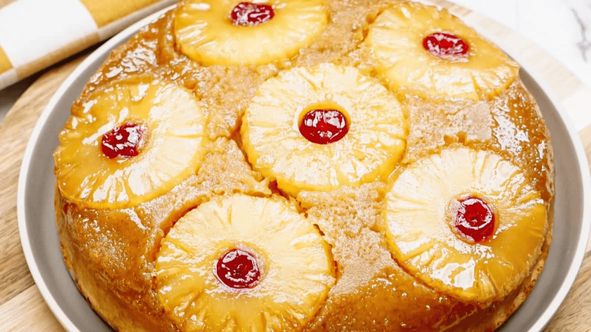 A round pineapple upside-down cake, a classic among vintage desserts, is topped with six pineapple rings—each with a red cherry center—displayed on a plate. The cake boasts a glossy, caramelized surface.
