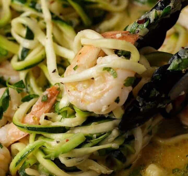 Shrimp and zucchini in a skillet