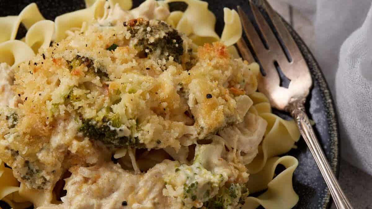 Chicken Divan over egg noodles.