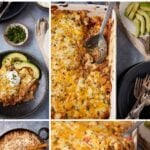 A collage shows king ranch casserole in a baking dish topped with melted cheese, served with avocado slices and sour cream, and a skillet with cooked onions. The dish looks creamy, cheesy, and garnished with herbs.