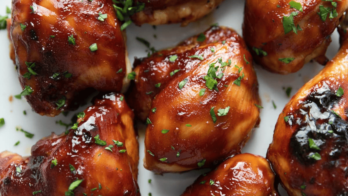 Barbecue chicken pieces glazed with sauce, garnished with chopped parsley, arranged on a white surface—perfect for fans of delicious oven baked recipes.