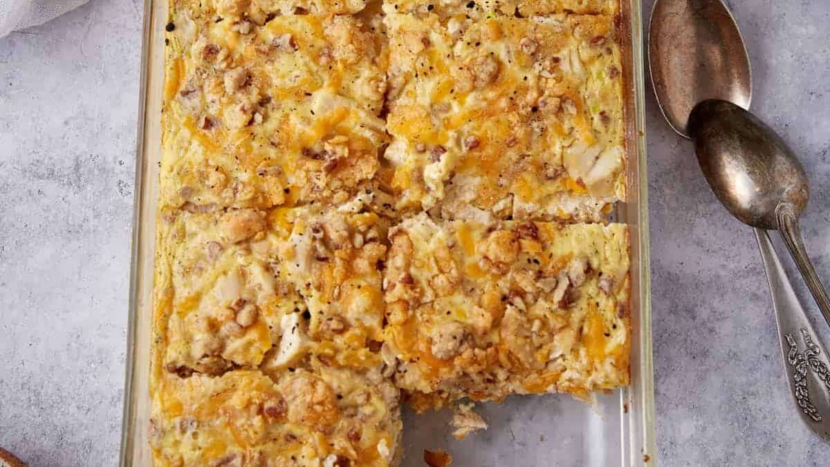 Comforting chicken casserole with creamy sauce and vegetables.