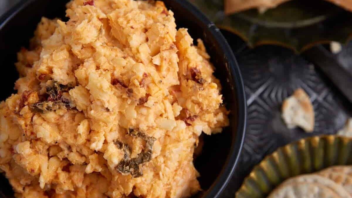 A bowl of pimento ceese next to crackers.