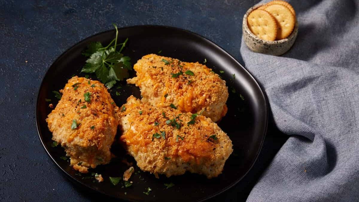 Ritz cracker chicken on a platter with a grey napkin.