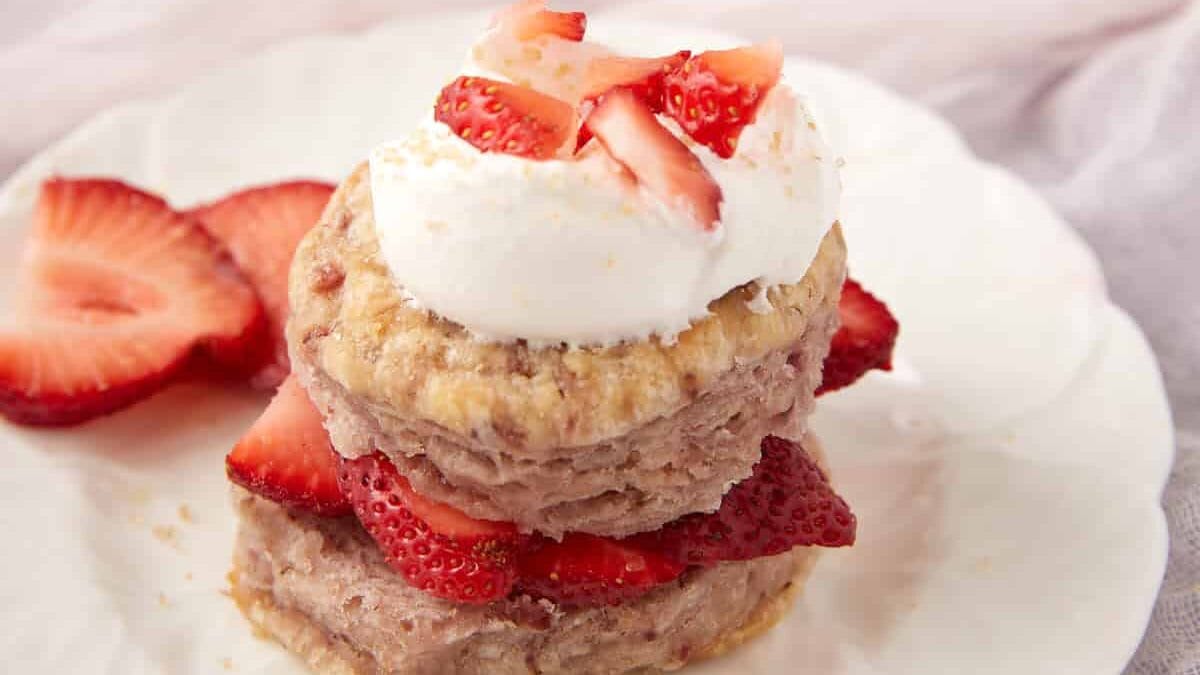 A strawberry biscuit with fresh strawberries and whipped cream.