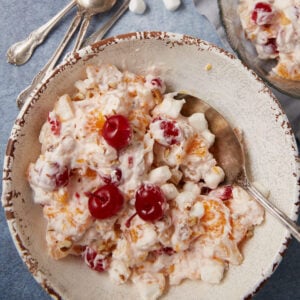 ambrosia salad in a white bowl.