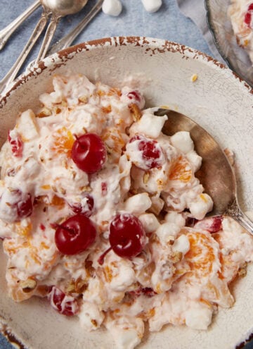 ambrosia salad in a white bowl.