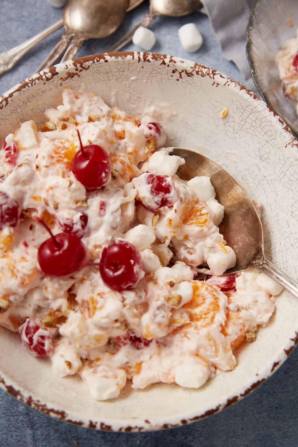 ambrosia salad in a white bowl.