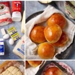 A collage shows ingredients for buttermilk yeast rolls, dough cut into squares, golden-brown rolls in a cloth-lined bowl, and a close-up of a roll on a floral plate, split open to reveal its soft texture.