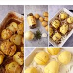 A collage showing oven roasted Yukon Gold potatoes: whole and peeled, sliced and seasoned with herbs on a bed of onions, topped with broth, then roasted until golden brown. Text reads "Oven Roasted Yukon Gold Potatoes.