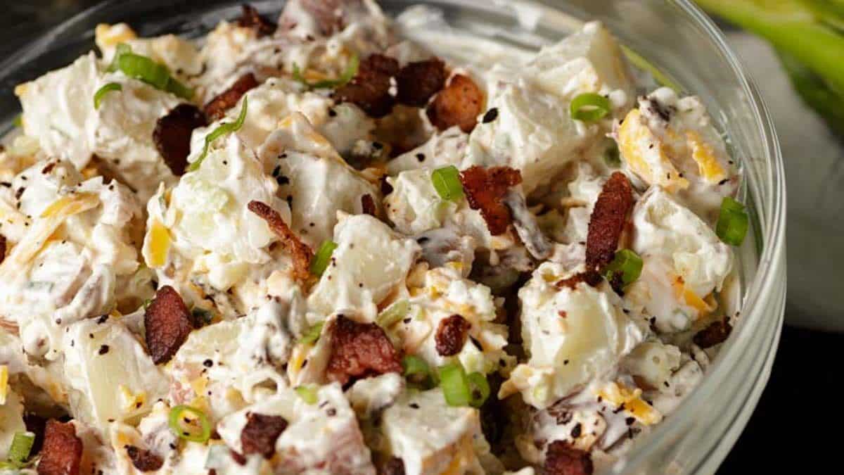 A clear bowl of ranch potato salad.