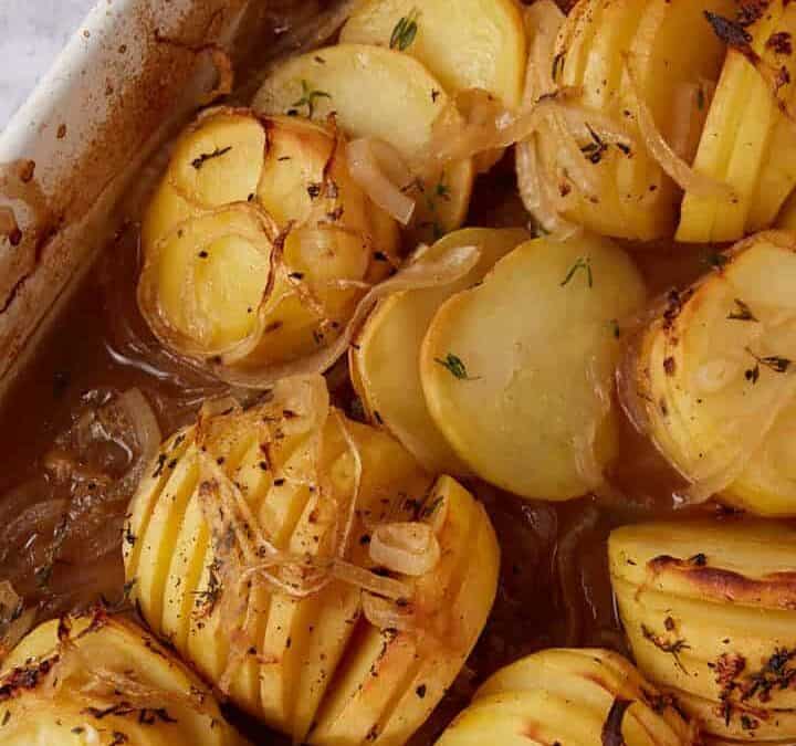 oven roasted potatoes in a baking dish.