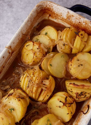oven roasted potatoes in a baking dish.