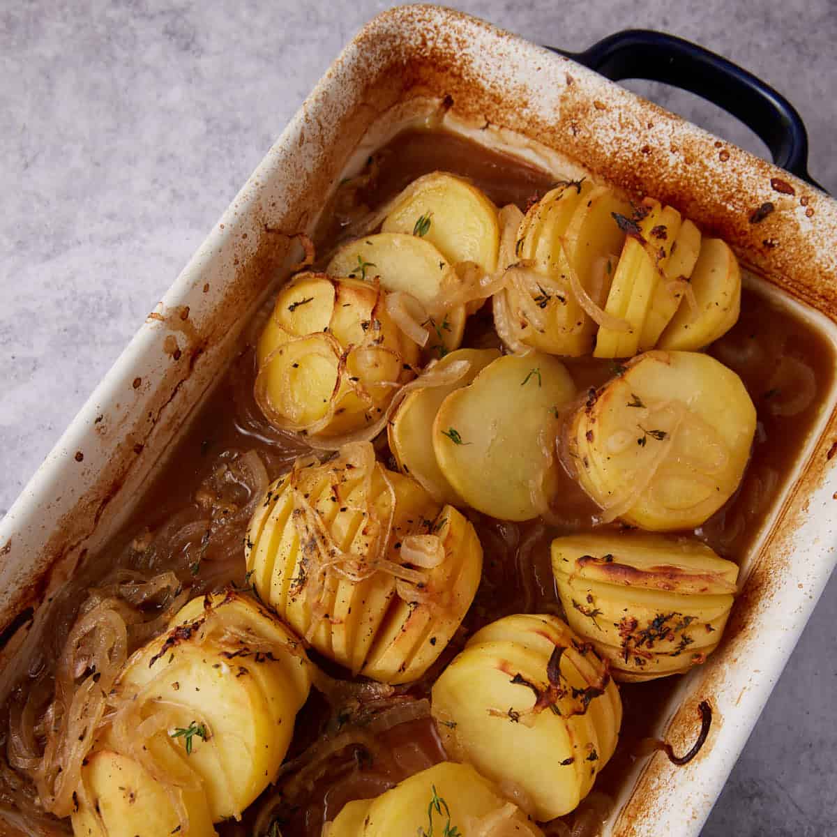 oven roasted potatoes in a baking dish.