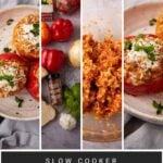 A collage shows stuffed peppers ingredients, a bowl of the mixed filling, and finished slow cooker stuffed peppers topped with cheese and herbs on plates. Text reads: "Slow Cooker Stuffed Peppers.