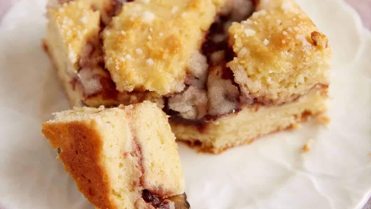 A bite of strawberry coffee cake.