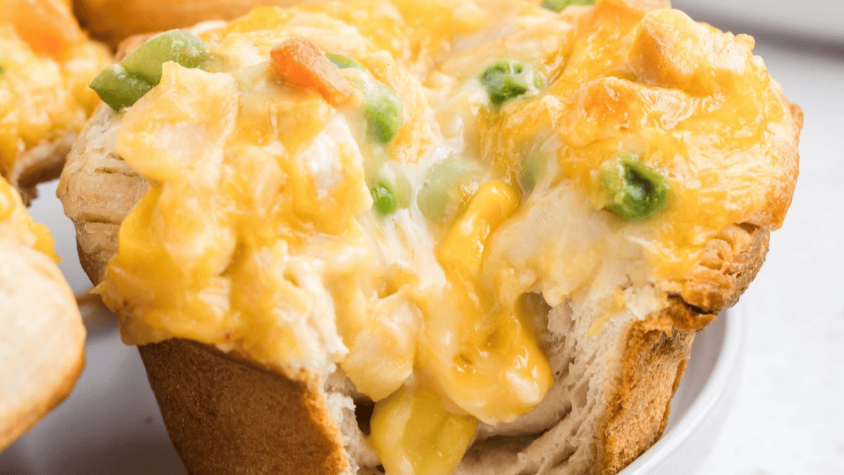 A close-up of a cheesy muffin, perfect for Easter brunch recipes, stuffed with melted cheese, green peas, corn, and small pieces of carrots, with gooey filling oozing out of the soft, golden-brown bread.