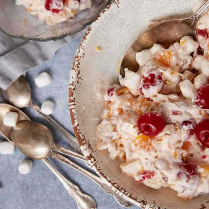 ambrosia salad in a white bowl.
