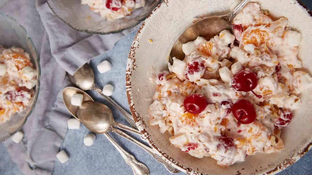 ambrosia salad in a white bowl.