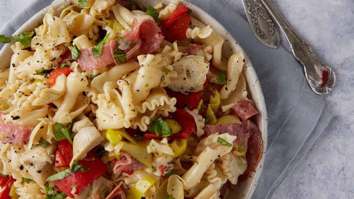 A serving bowl of antipasto salad.