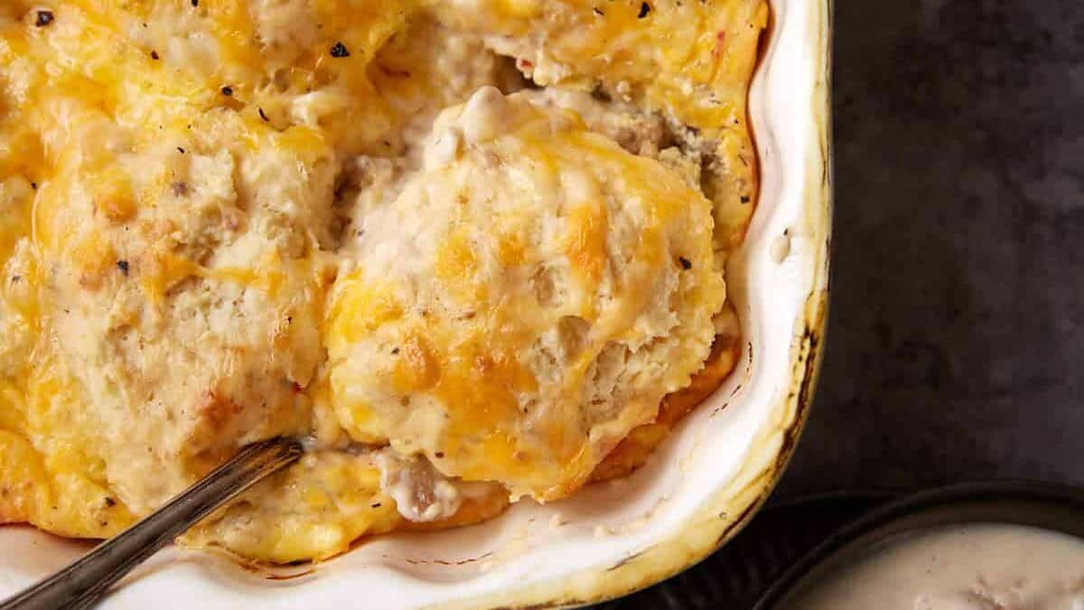 A casserole dish filled with golden-brown, cheesy biscuit-topped casserole, with a serving spoon scooping some out. Next to it is a bowl of creamy sausage gravy on a gray surface.
