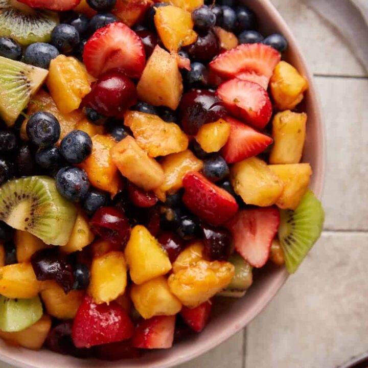 A bowl of mixed fruit salad.