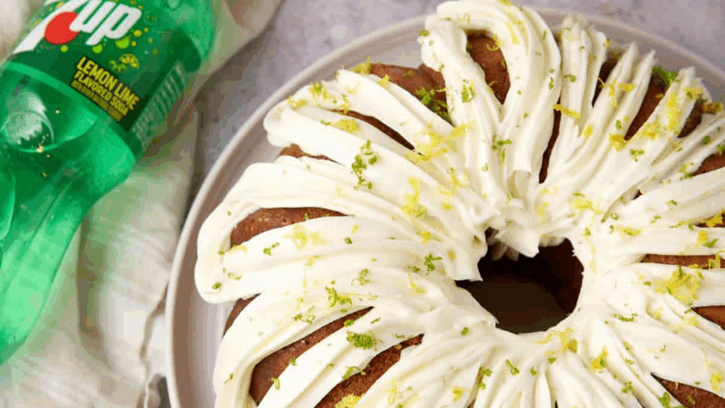 A bundt cake with white icing and lemon and lime zest on top sits on a plate next to a bottle of 7UP lemon-lime soda.