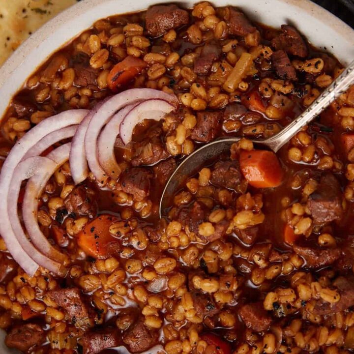A bowl of beef and barley stew with sliced onions on top.