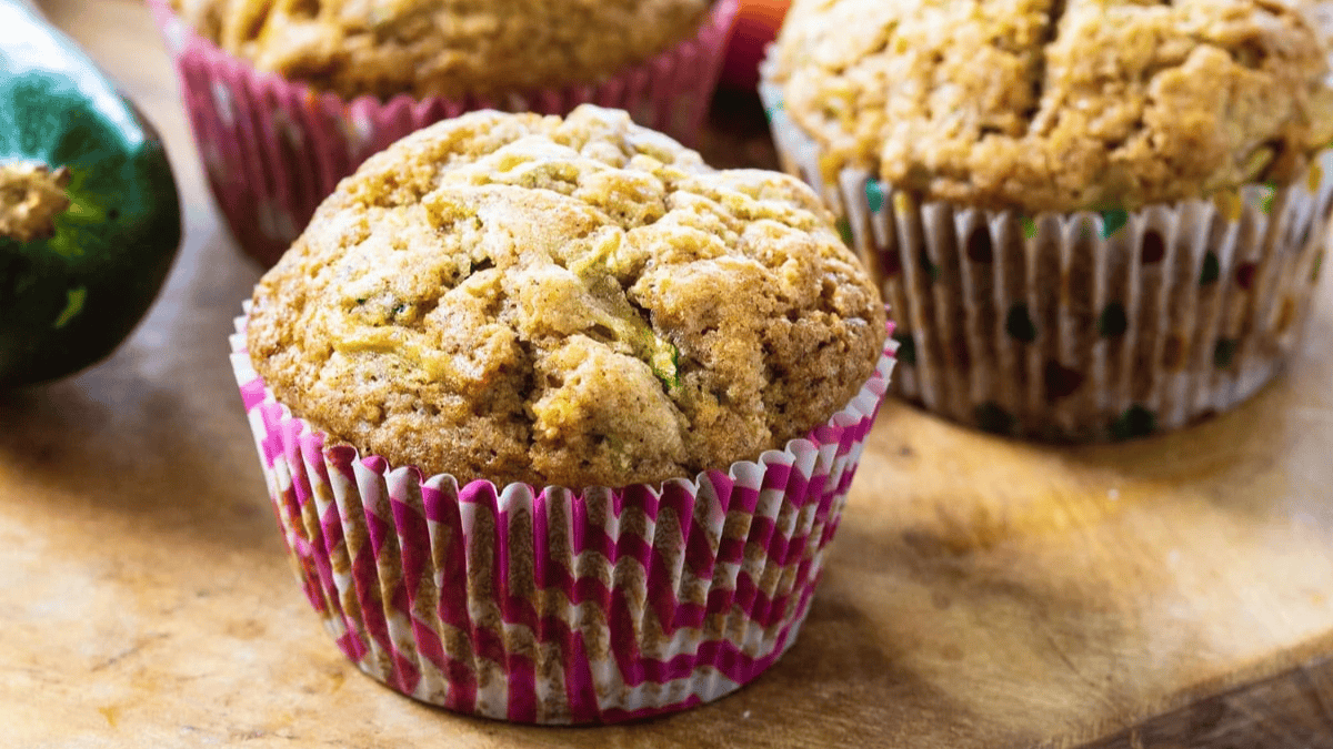 A close-up of a zucchini muffin in a pink-striped paper liner, with more muffins in the background, all placed on a wooden surface.