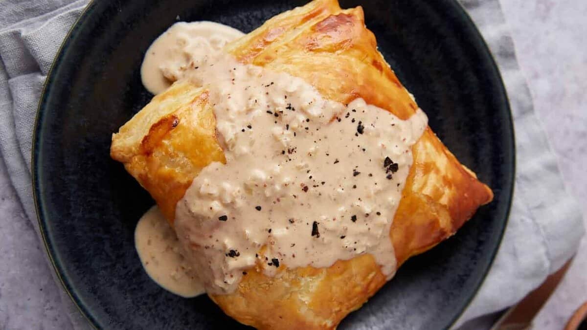 chicken in puff pastry with mustard cream sauce on top on a black plate on a gray towel.