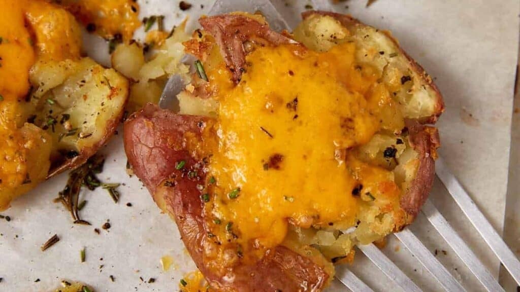 A smashed new potato being removed form a pan.